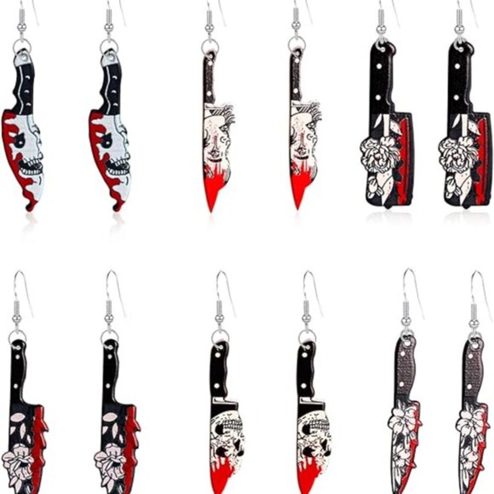 6 Pairs Punk Knife Dagger Drop Dangle Set Gothic Acrylic Printed‎ Knife Earring